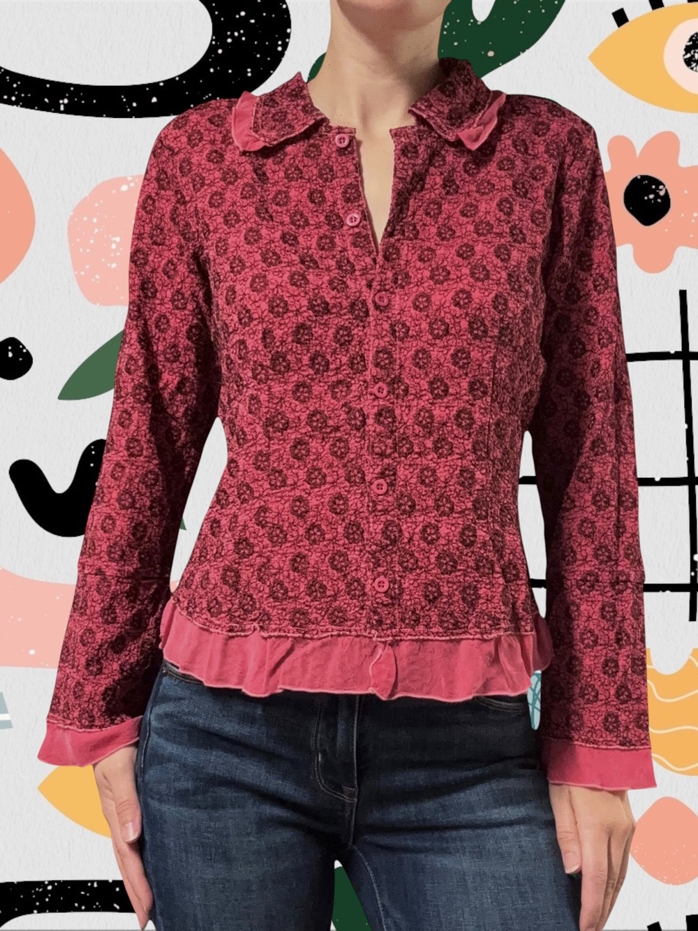 J Jill | Pink Textured Floral Collared Button Front Ruffle Trim Blouse